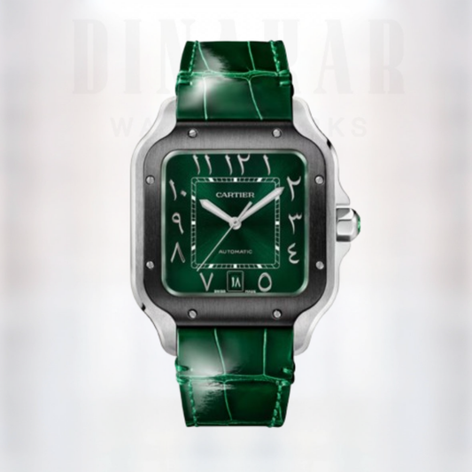 Cartier Santos, Steel on Leather, Green Arabic Dial
