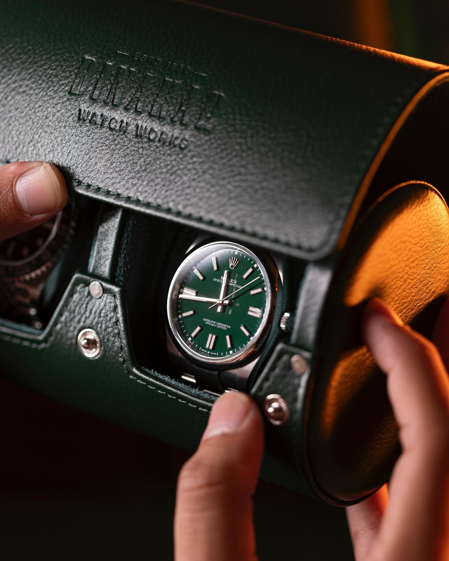 Travel Leather 2-Slot Watch Roll (Green)