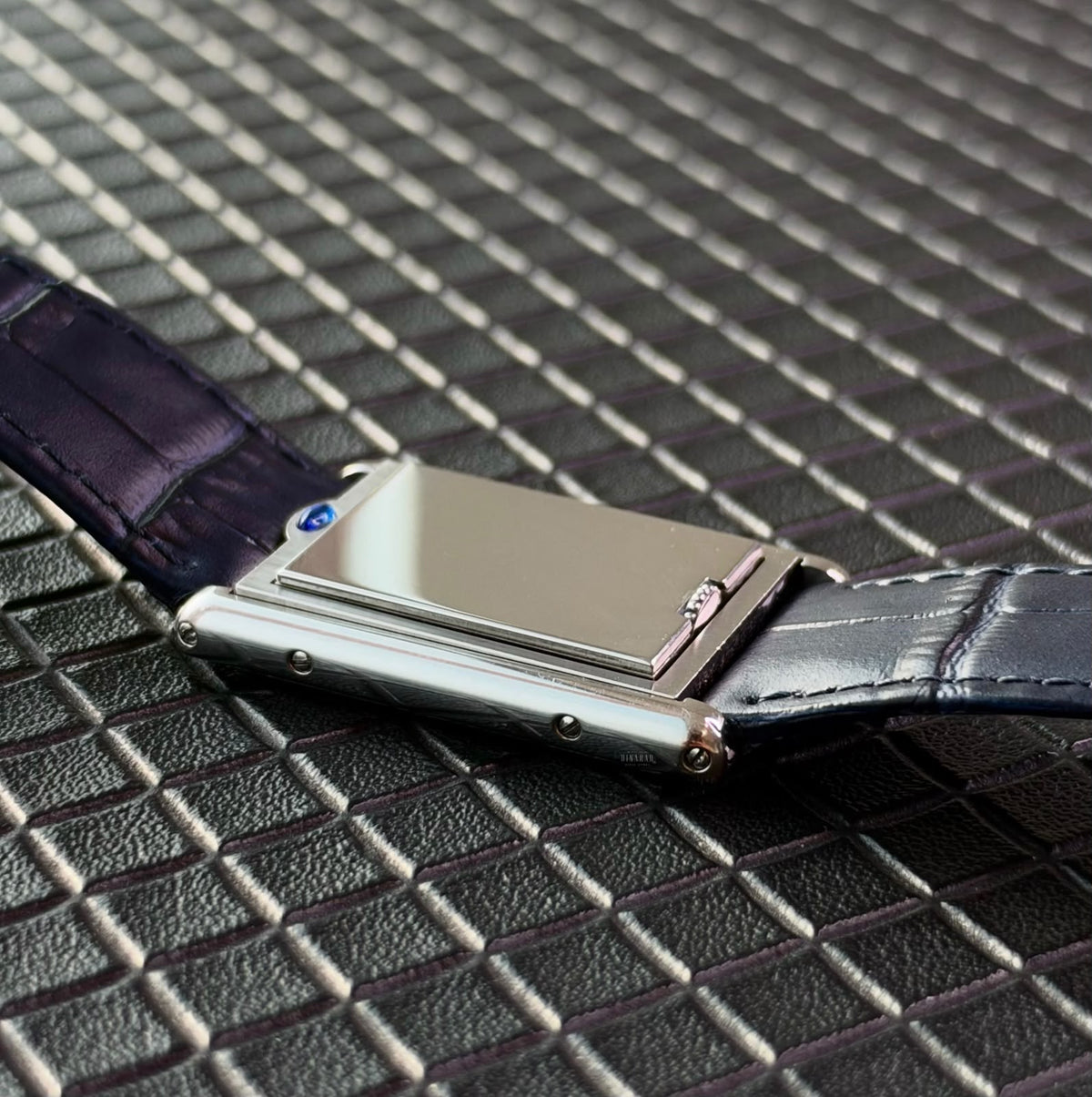 Cartier Tank Basculante, Steel on Leather, Blue Dial