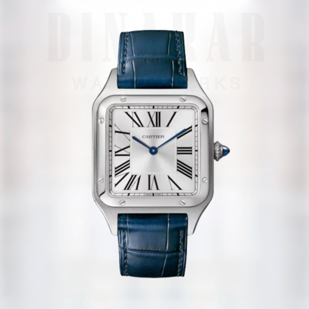 Cartier Santos Dumont Large, Steel on Leather, Silver Dial