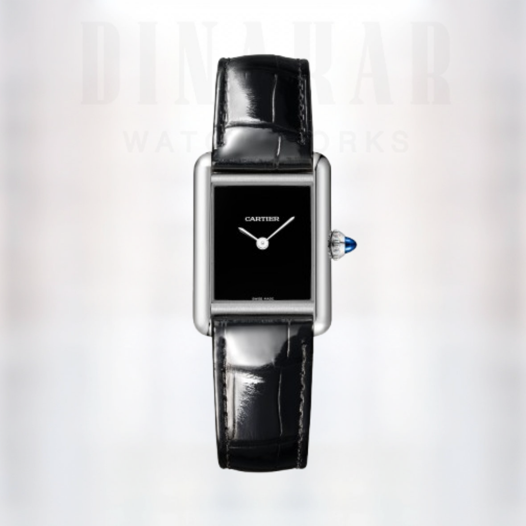 Cartier Tank Must Small, Steel on Leather, Black Dial