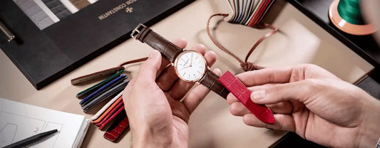 Strap change of a watch. Person is checking how his watch can be given a new look by changing its strap.