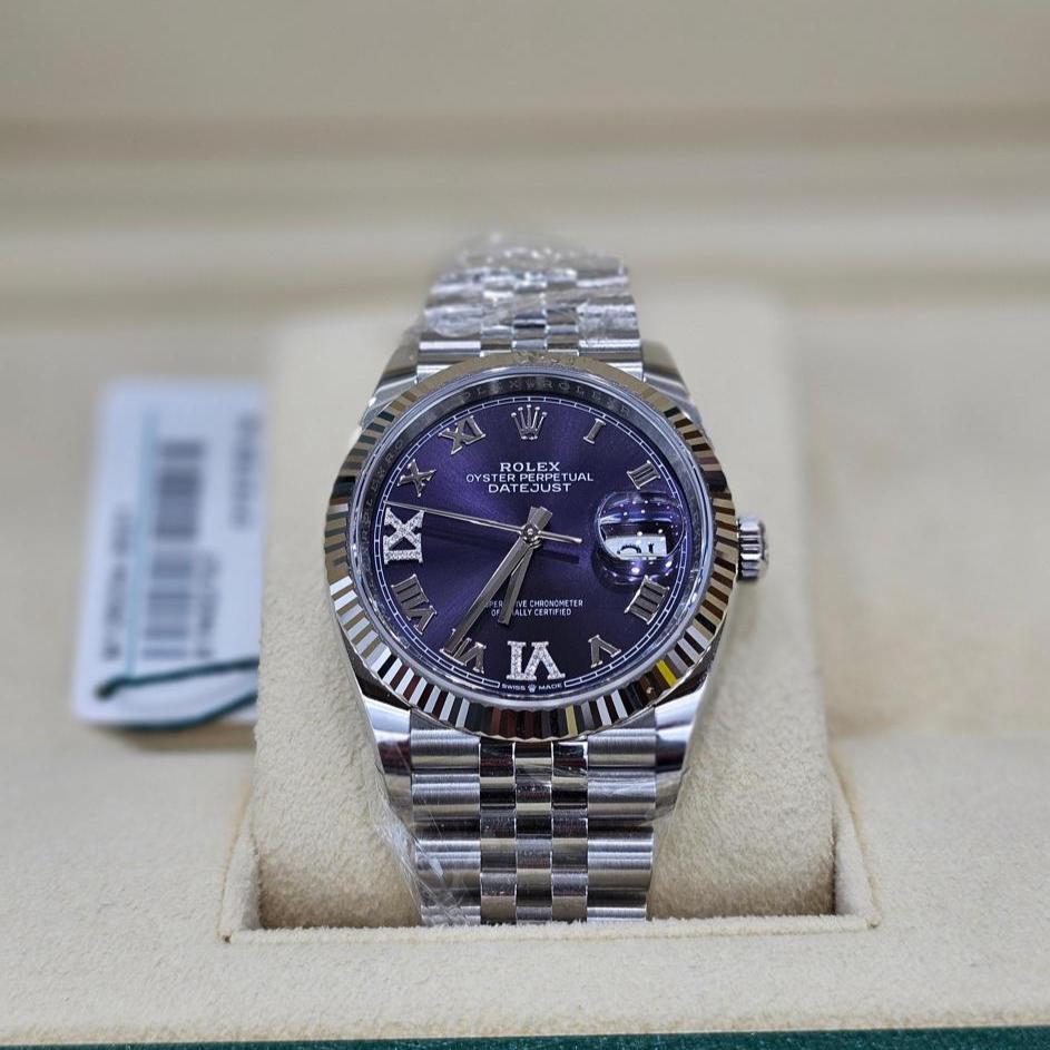 Rolex Datejust 36, Oystersteel and White Gold, Aubergine set with Diamonds