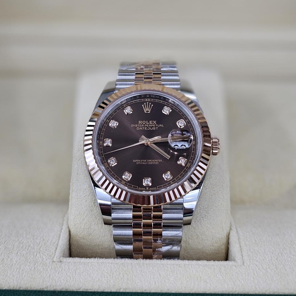 Rolex Datejust 41, Oystersteel and Rose Gold, Chocolate dial set with diamonds