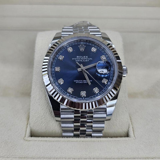 Rolex Datejust 41, Oystersteel and White Gold, Bright blue dial set with diamonds