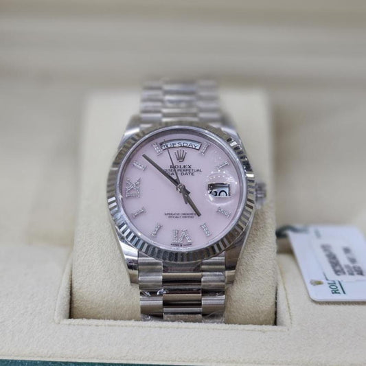 Rolex Day-Date 36, Platinum, Pink Opal set with Diamonds