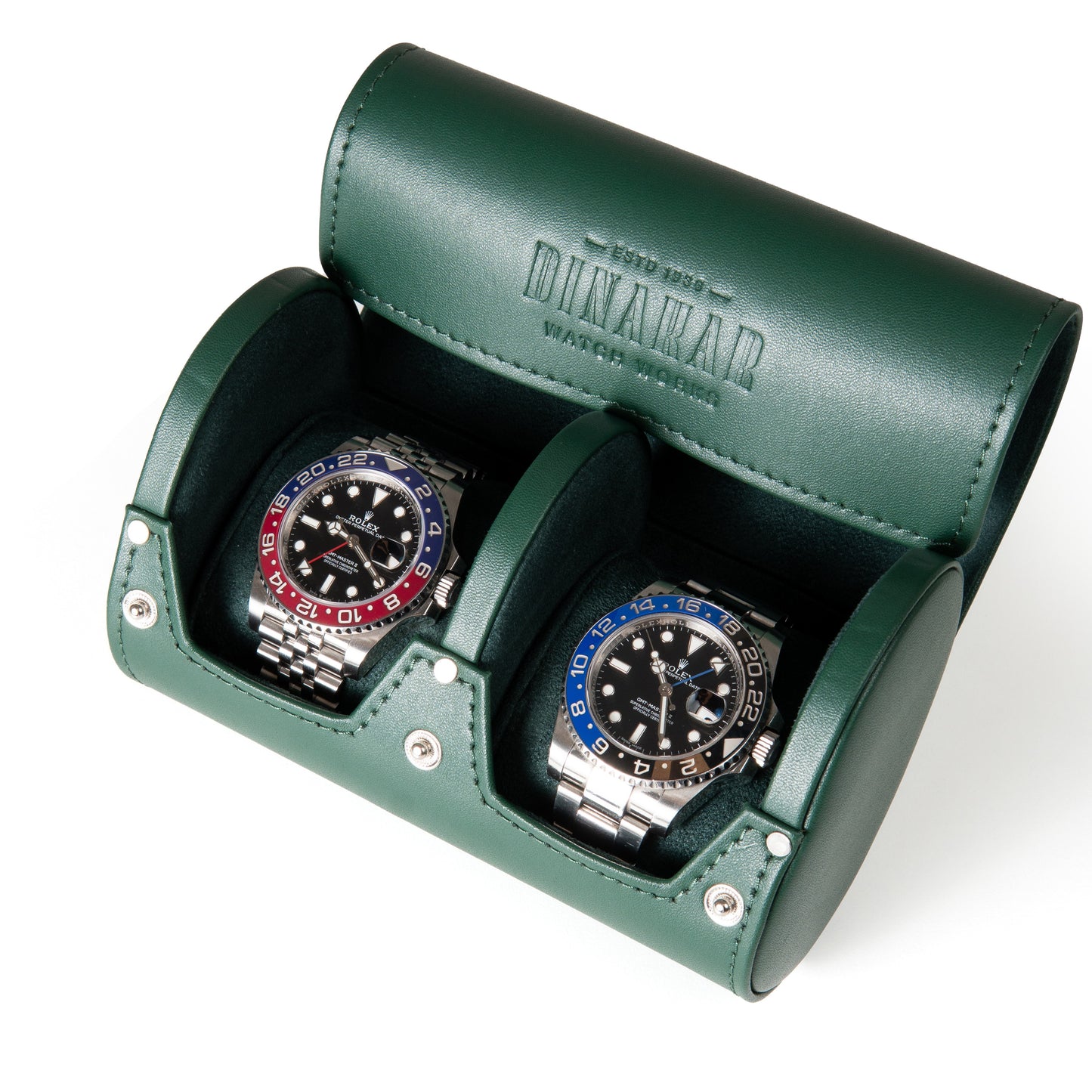 Travel Leather 2-Slot Watch Roll (Green)