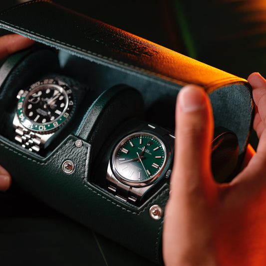 Travel Leather 2-Slot Watch Roll (Green)