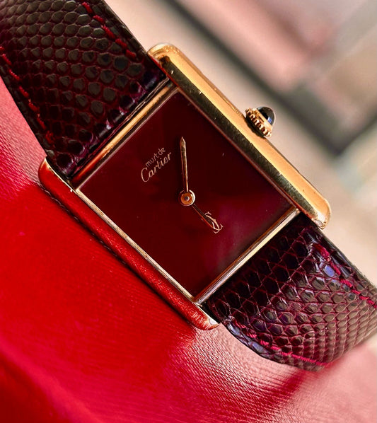 Vintage Cartier Must De Cartier Tank, Yellow gold on Leather, Burgundy Dial