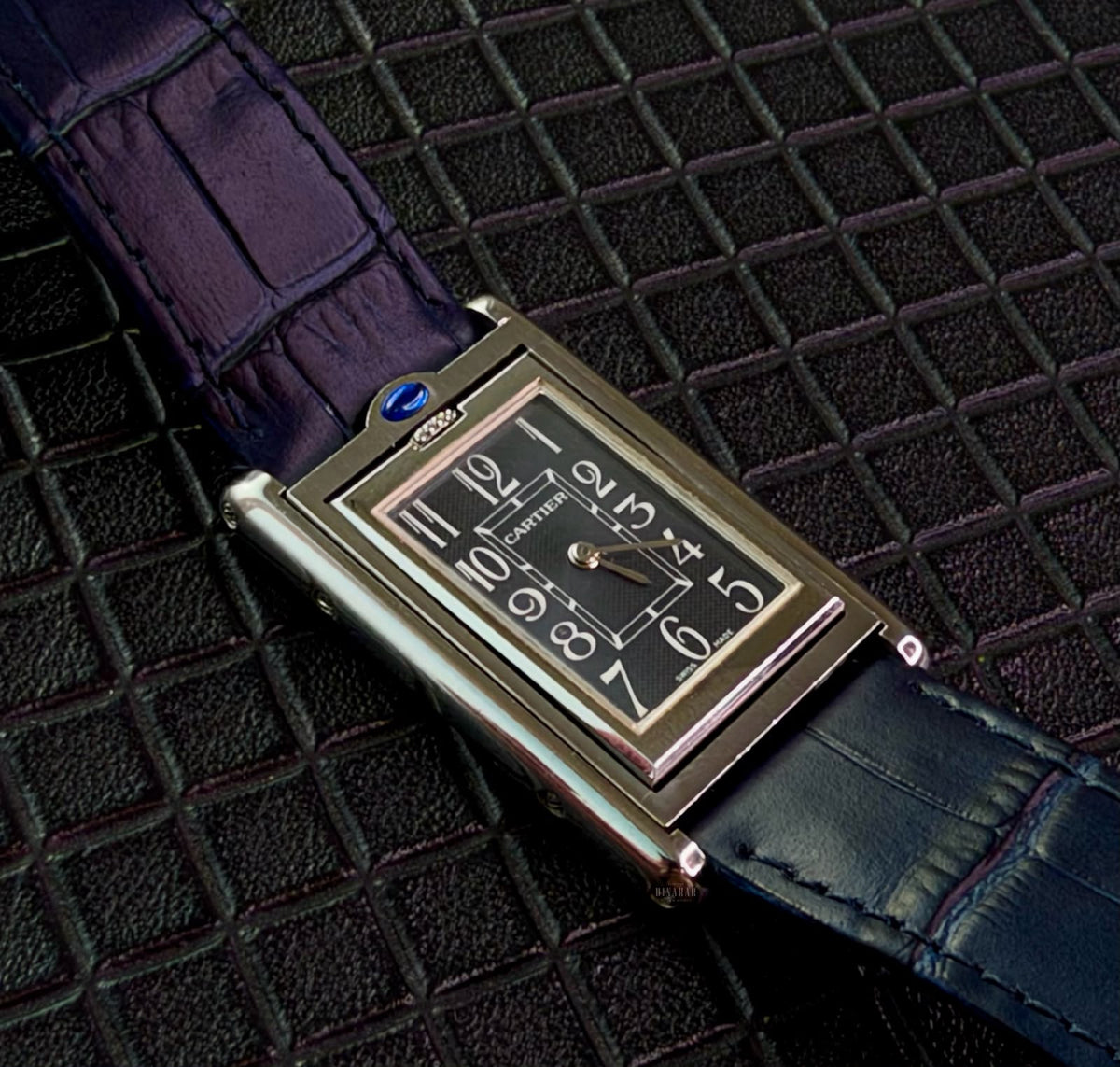 Cartier Tank Basculante, Steel on Leather, Blue Dial