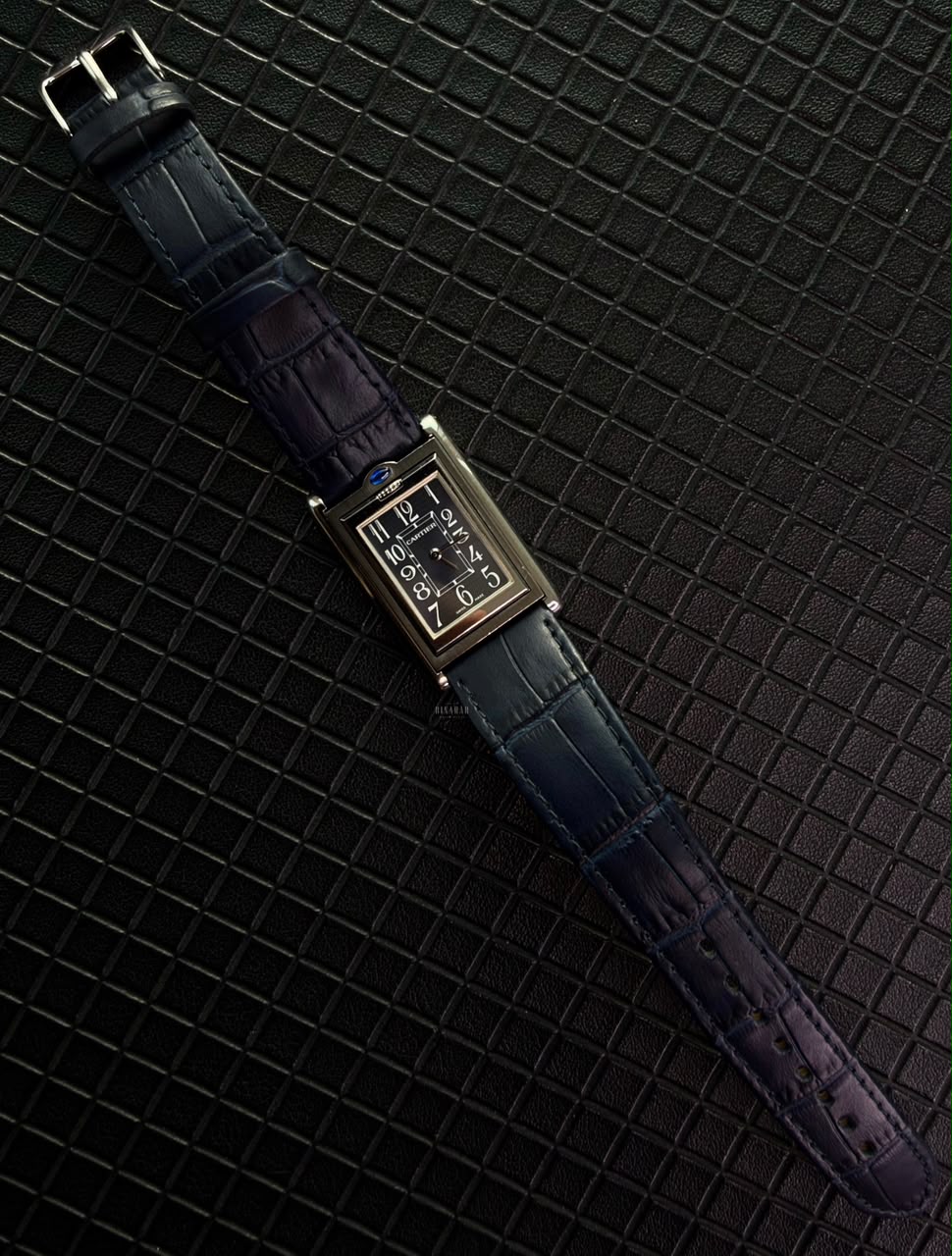 Cartier Tank Basculante, Steel on Leather, Blue Dial