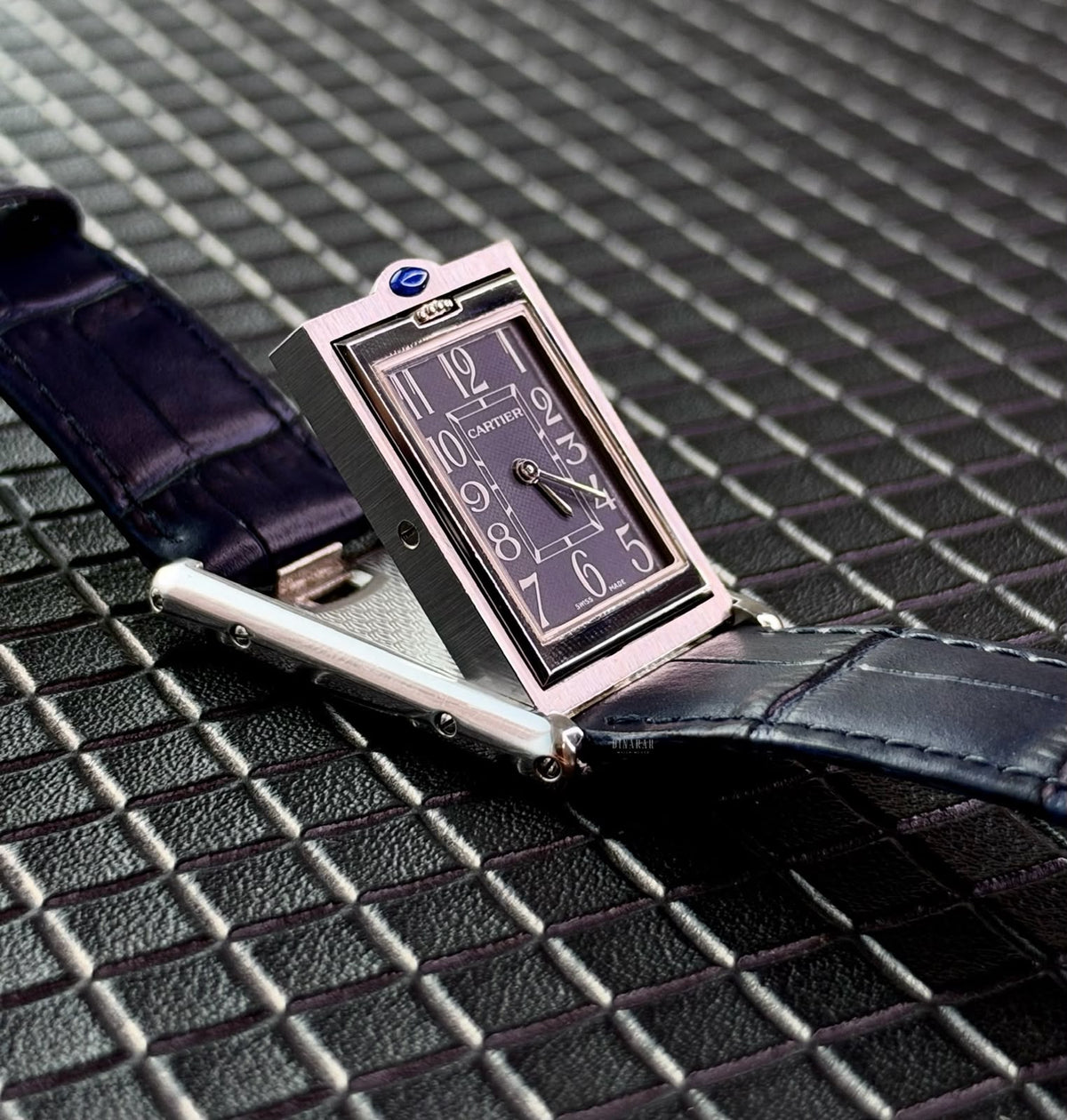 Cartier Tank Basculante, Steel on Leather, Blue Dial