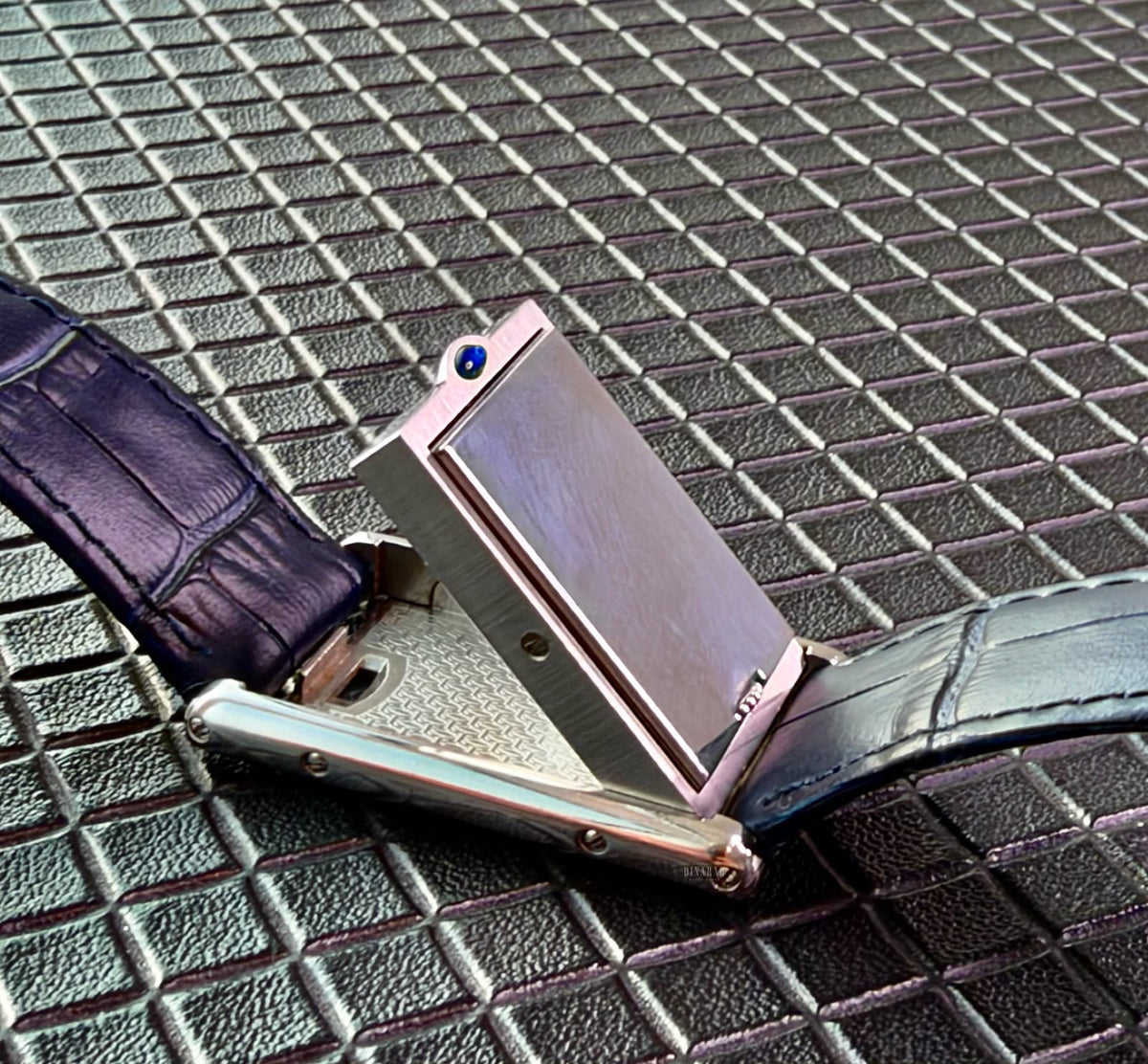 Cartier Tank Basculante, Steel on Leather, Blue Dial