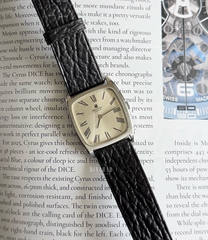 Vintage Universal Genève Tank, Steel on Leather, Silver Roman Dial