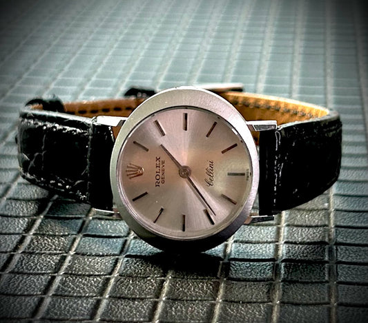 Vintage Rolex Cellini, White Gold on Black Leather, Silver Dial