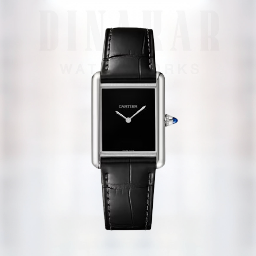 Cartier Tank Must Large, Steel on Leather, Black Dial