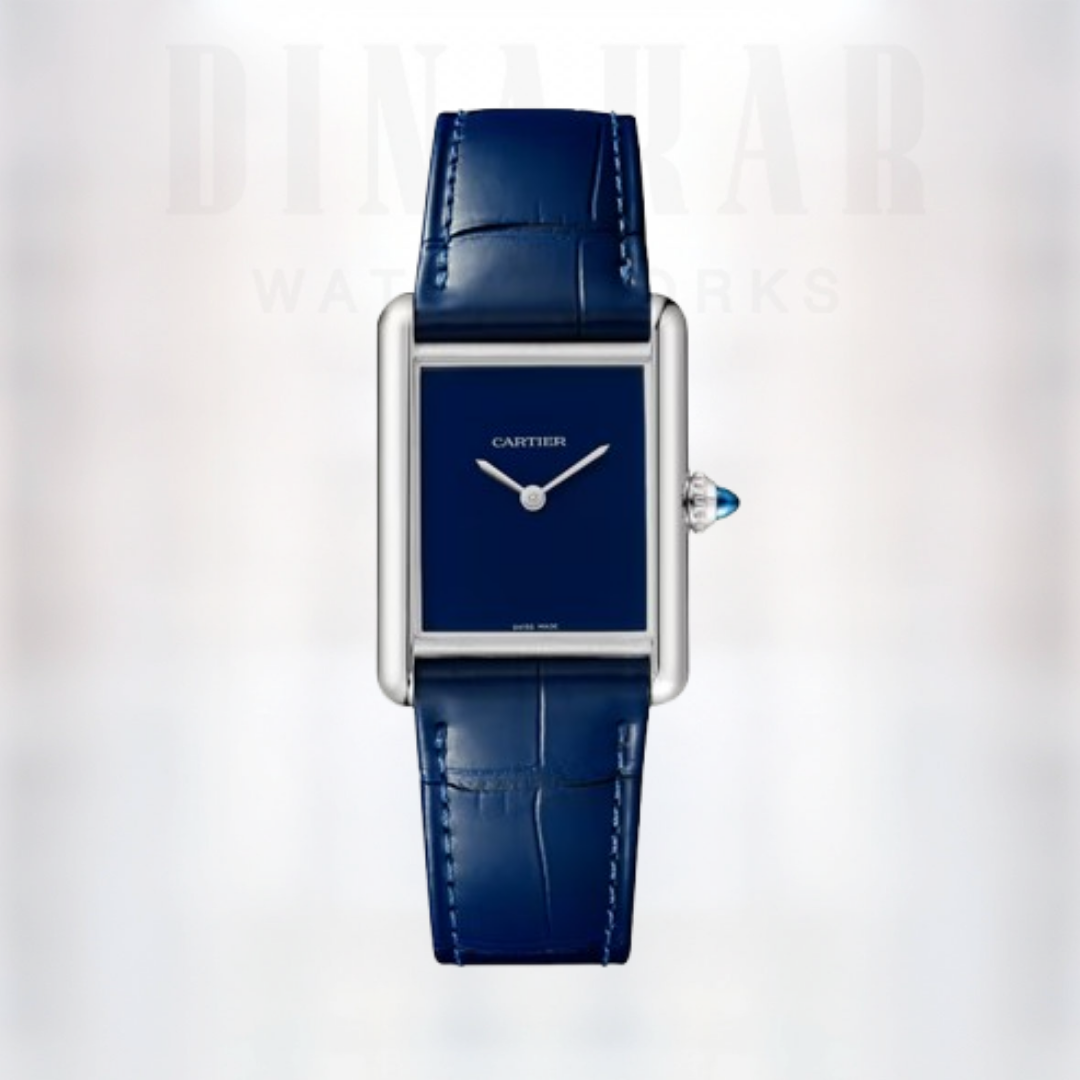 Cartier Tank Must Large, Steel on Leather, Blue Dial