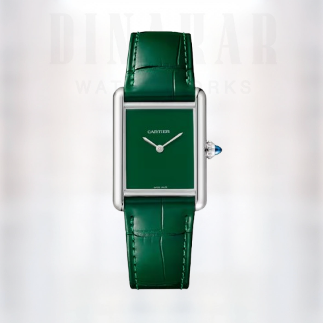 Cartier Tank Must Large, Steel on Leather, Green Dial