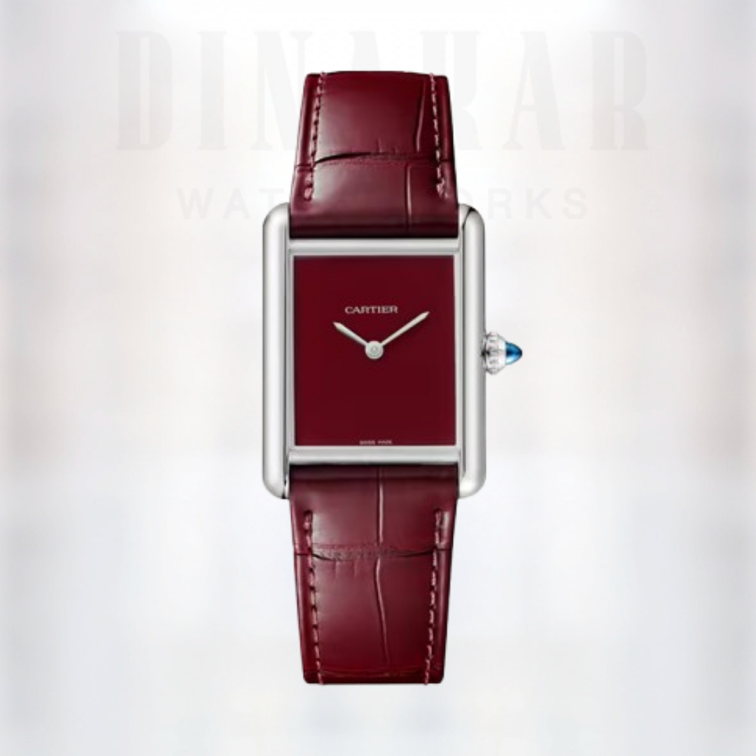 Cartier Tank Must Large, Steel on Leather, Wine Red Dial